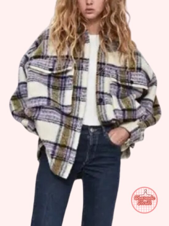Zara Jackets & Blazers - Zara Cream Plaid Shacket with Olive & Lavender Checks